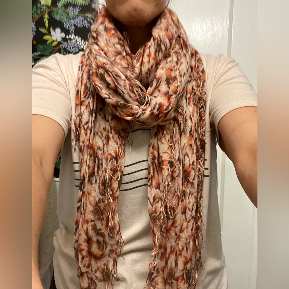 Chan Luu Peonies Print Lightweight Scarf in Cream, Brown & Orange